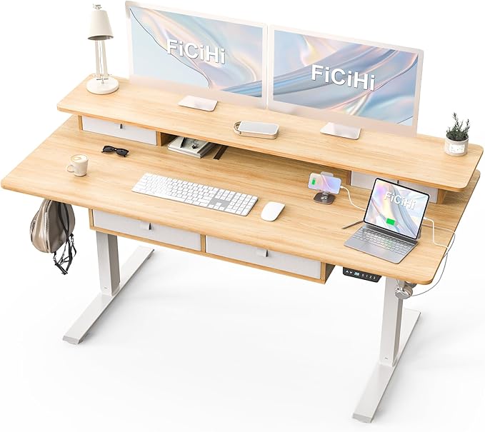 Adjustable Height Standing Desk with 4 Drawers,63 x 30 inches Electric Sit Stand Home Office Desk with Two Tiers, 3 Memory Presets, Monitor Stand Riser, USB A/C Charging Port