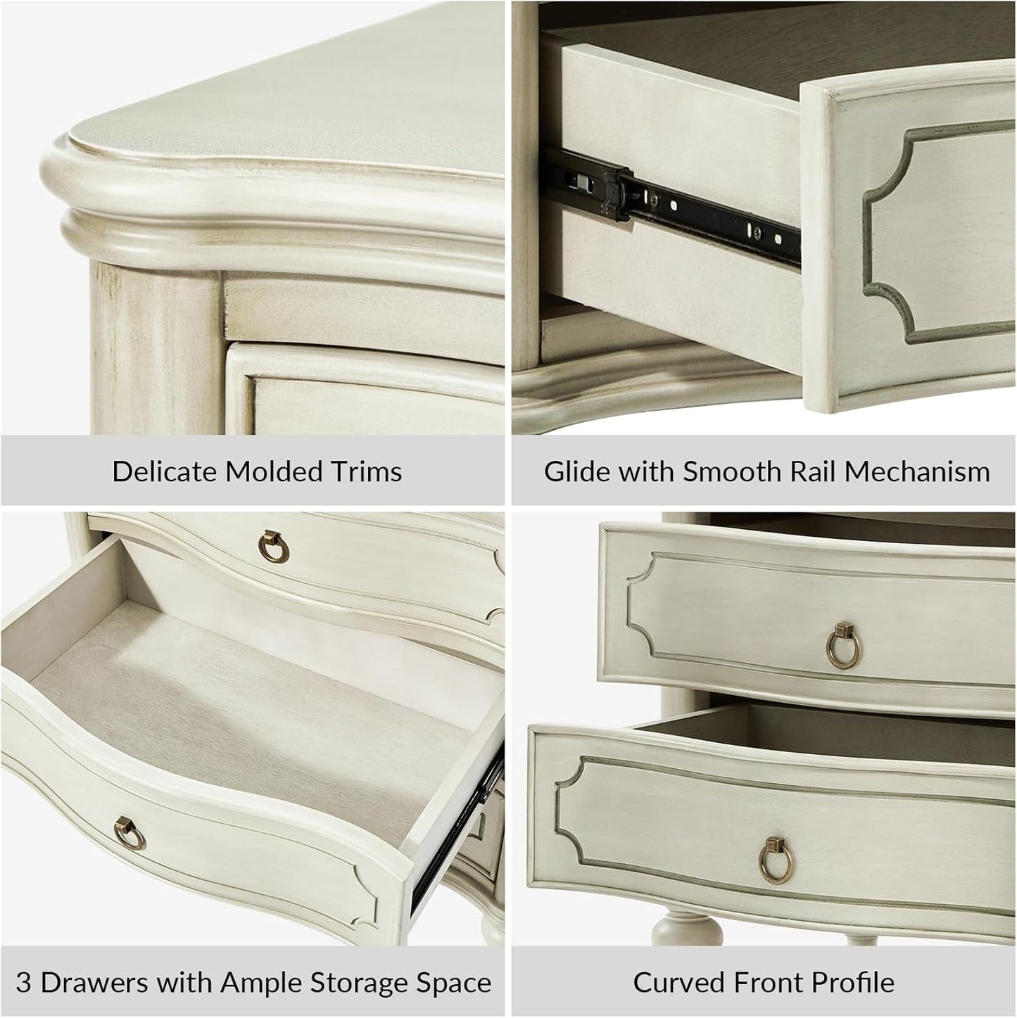 HULALA HOME Wood Nightstand with Charging Station, 3 Drawer Traditional Nightstands, End Table with Solid Wood Legs for Bedroom, USB Ports & Three-Prong Plugs, White