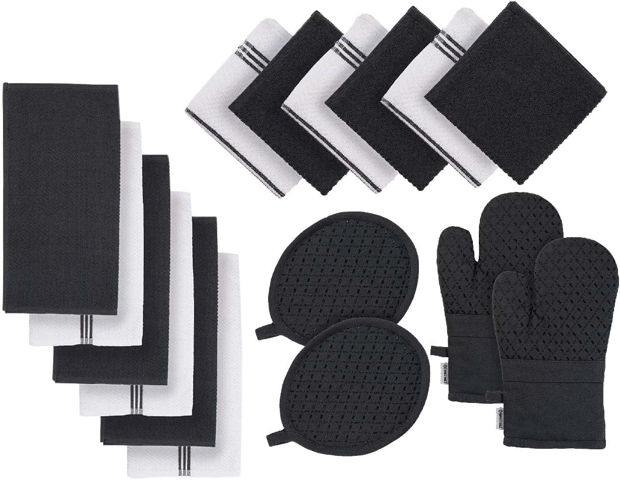 LANE LINEN Kitchen Towels and Dishcloths Sets - 16 Pc Kitchen Essentials for New Home, Heat Resistant Silicone Oven Mitts & Pot Holder, Absorbent Terry Hand Towels & Dish Towel - Grey