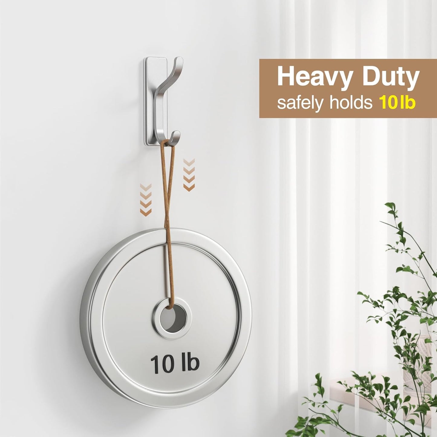 10-Pack Adhesive Wall Hooks for Hanging: Modern Silver Hooks Hold 13 LB, Sticky Wall & Door Hanger for Coats, Shower Towel, Bags, Backpack, Bathroom & Kitchen Utensils, Stainless, Metal