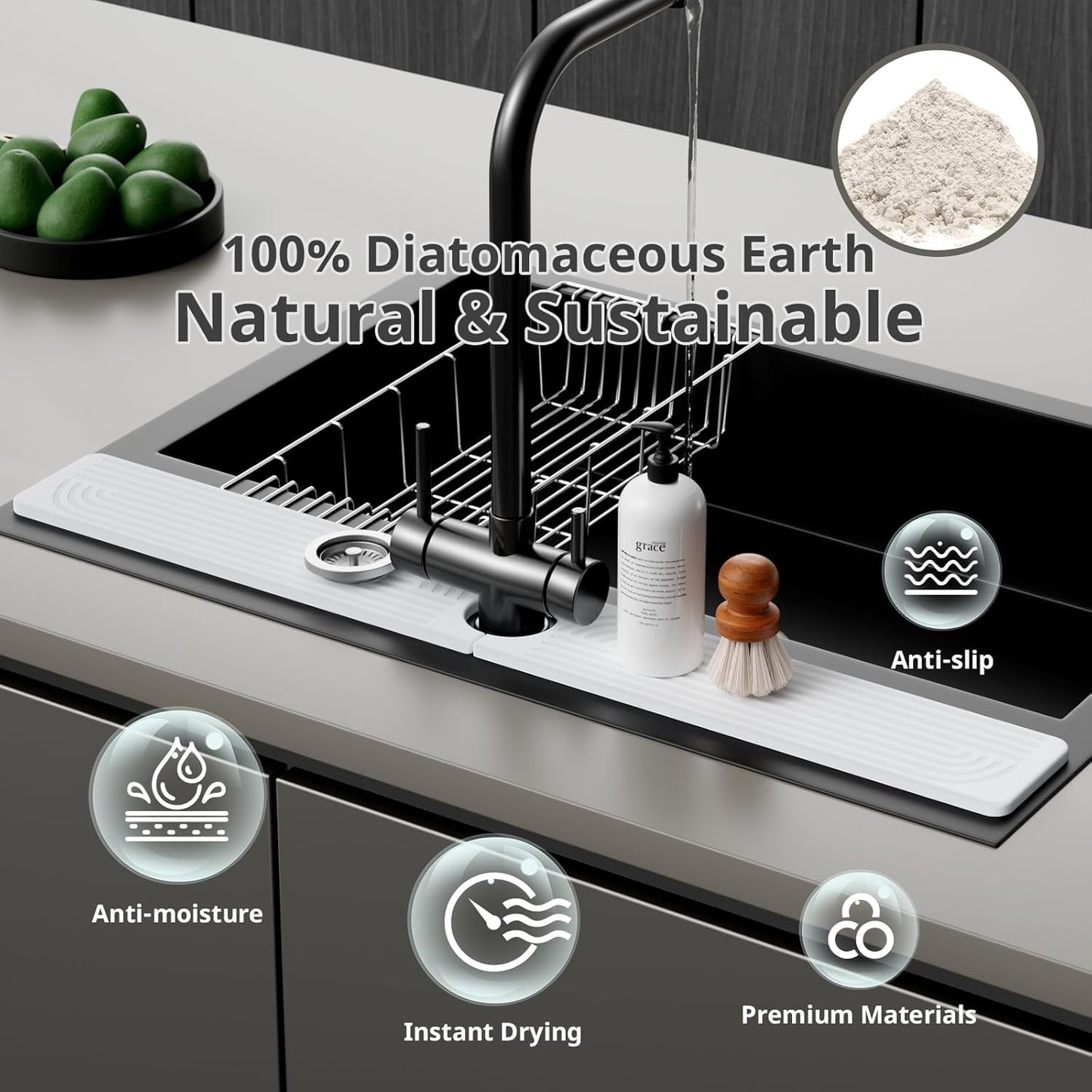 Faucet Mat for Kitchen Sink - 30" Diatomaceous Earth Faucet - Sink Splash Guard for Kitchen, Bathroom, and Laundry Room Faucets - White