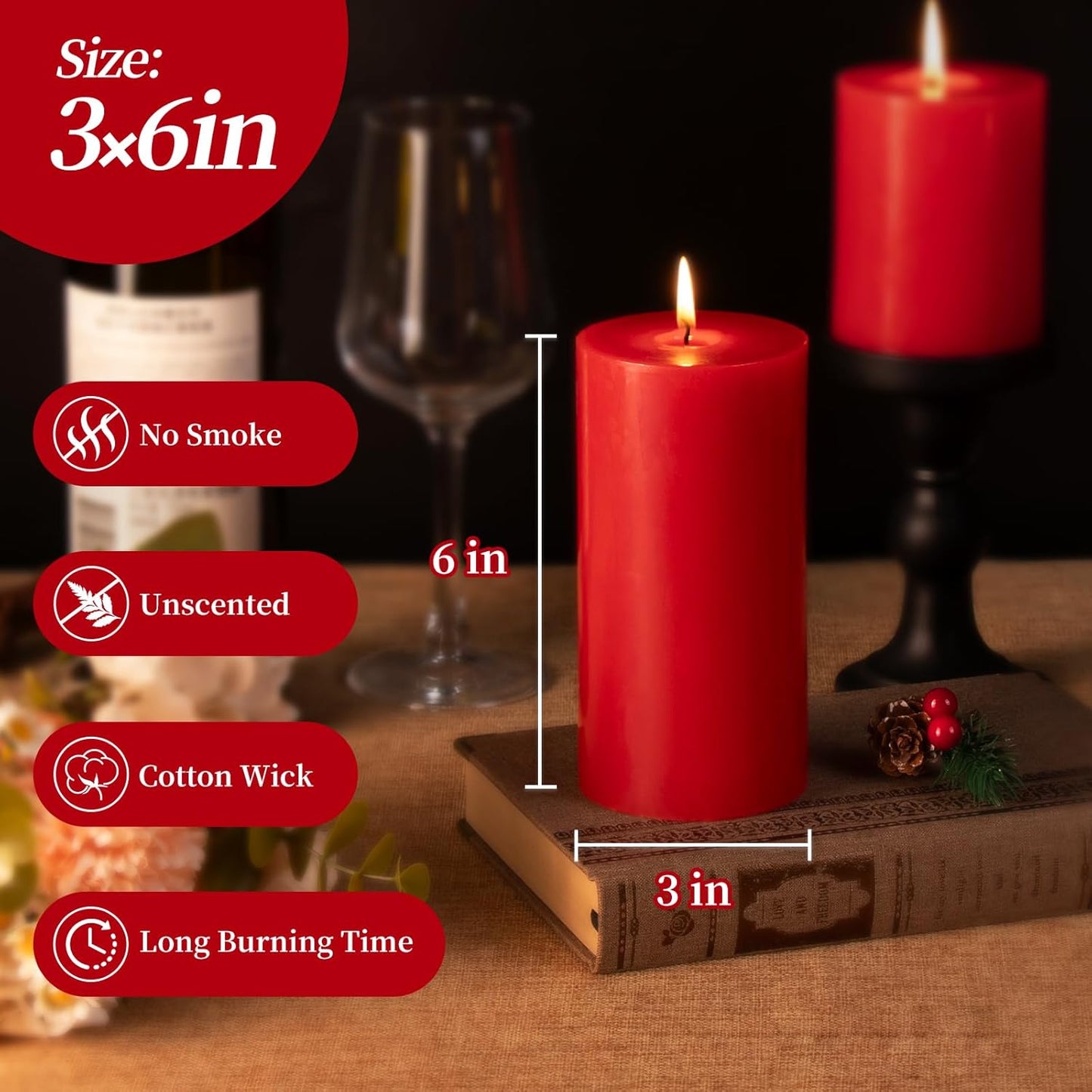 KONNI Red Pillar Candles Set of 3, 3"x 6" Unscented Pillar Candles Bulk, 56 Hours Long Burning Candles, Smokeless and Dripless Large Round Candle for Wedding, Home Decoration, Parties, Spas, Dinner