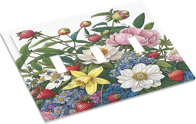 Spring Watercolor Flower Plant Strawberry Peony Floral Decorative Switch Plates 3 Gang Wall Plate Faceplate Electrical Wall Panels Triple Toggle Light Switch Cover for Bedroom living Room Decor