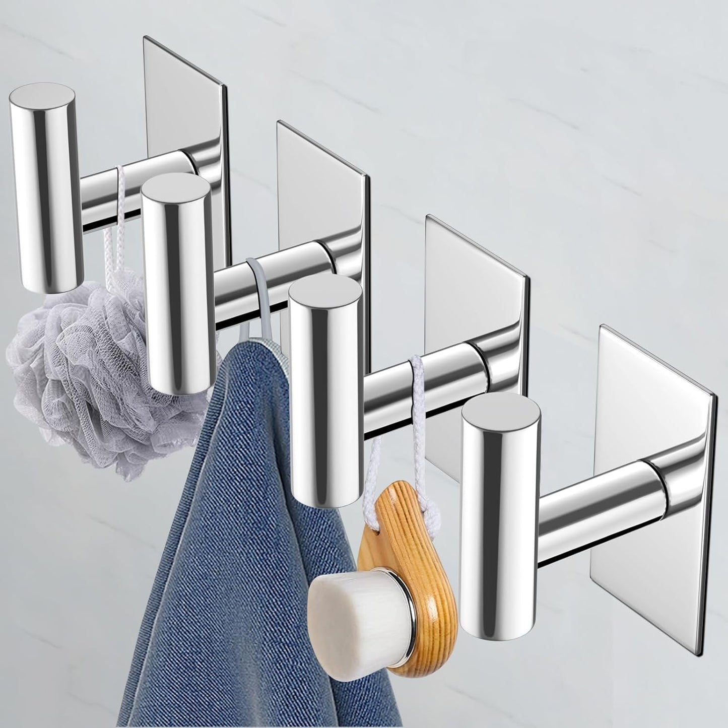 VAEHOLD Wall Towel Hooks, Heavy Duty Sticky Holder Waterproof Towel Hooks for Hanging Coat, Clothes, Closet Hook Wall Mount for Kitchen (Chrome, 2 Pack)