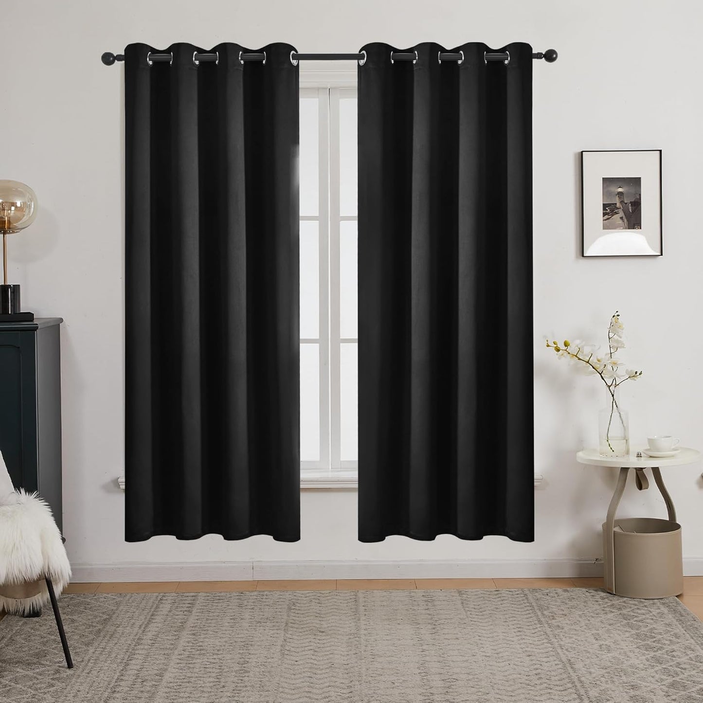 Deconovo Blackout Curtains – Noise-Reducing & Energy-Saving Grommet Top Thermal Insulated Drapes, 2 Panels, Jet Black, 52W x 72L Inches – Light Blocking & Privacy for Bedroom & Living Room