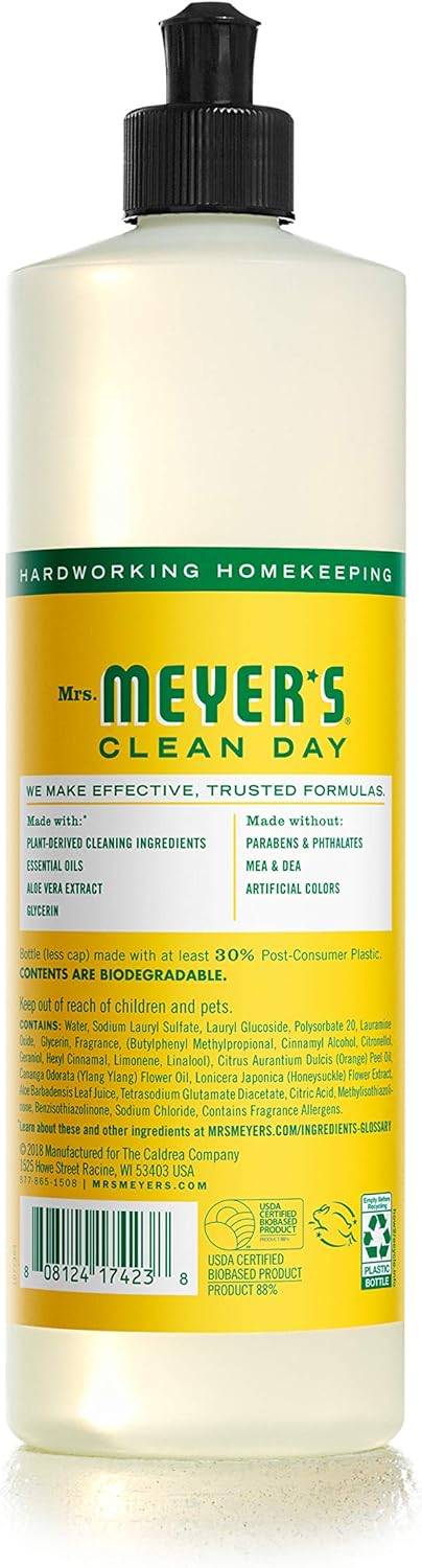 MRS. MEYER'S CLEAN DAY Liquid Dish Soap, Cruelty Free Formula, Honeysuckle Scent, 16 oz- Pack of 6