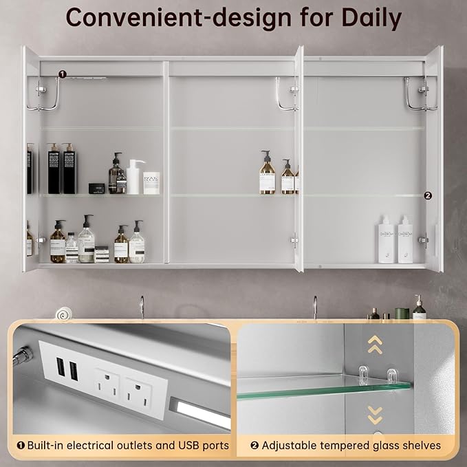 30"x32" Medicine Cabinet Mirror, LED Lighted Medicine Cabinet with Electrical Outlet＆USB, Anti-Fog, 3 Colors Temperature Stepless Dimmable, Aluminum Cabinet for Storage and Mordern Decor
