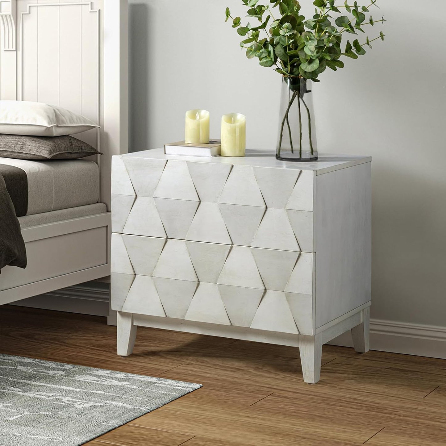 HULALA HOME Wood Nightstand with Charging Station 2 Drawer Dresser with Wooden Legs Mid Century Modern Bedside French Style End Table for Bedroom, White