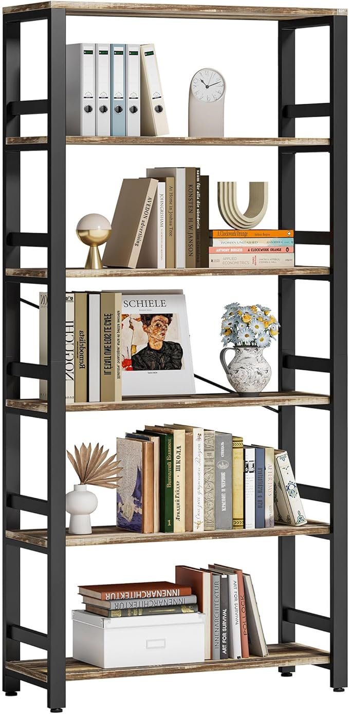 IRONCK Bookshelf, 31.5in Wide Shelf 6 Tier Bookcase, 110lbs/shelf Vintage Industrial Style Bookshelves for Bedroom, Living Room and Home Office, Industrial Brown