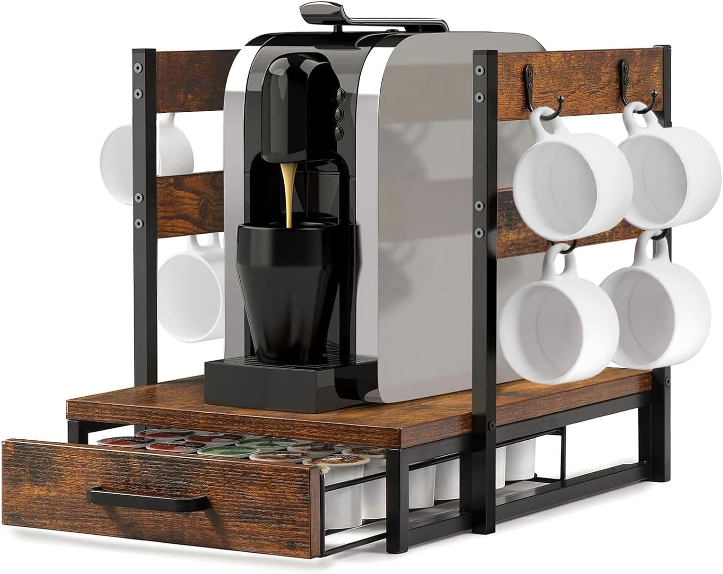 K Cup Holder, 35 Pod Capacity, Coffee Pod Holder Compatible with Keurig, Coffee Station Organizer for Countertop with Cup Rack, Rustic Brown