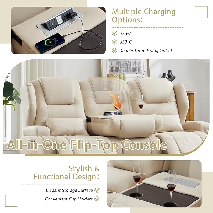 SAMERY Power Loveseat Recliner Sofa with Adjustable Split Back, Multi-Port Charger, Flip-Up Backrest & LED Lighting - Home Theater Seating with Storage, Cup Holders, Beige Fabric Loveseat Recliner