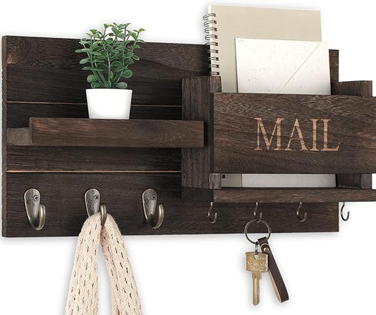 Mail Organizer for Wall Mount – Key Holder with Shelf Includes Letter Holder and Hooks for Hallway Farmhouse Decor – Rustic Wood with Flush Mounting Hardware (16.5” x 9.1” x 3.4”) (Brown)