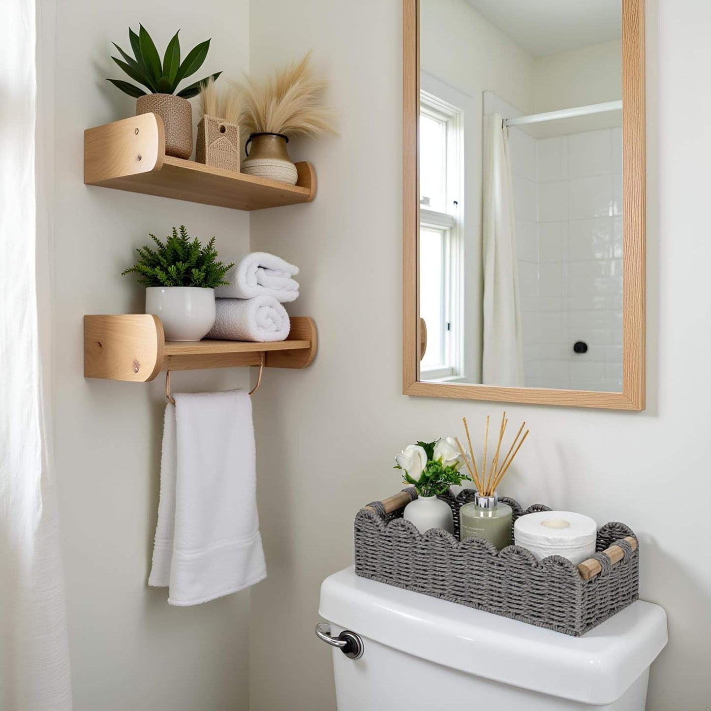 CubesLand Scalloped Edge Toilet Paper Storage Basket, Living Room Home Cozy Decor Basket, Paper Rope Small Baskets for Over Toilet Storage Shelf, End Table, Shelves, with 2 Wooden Handles, Grey