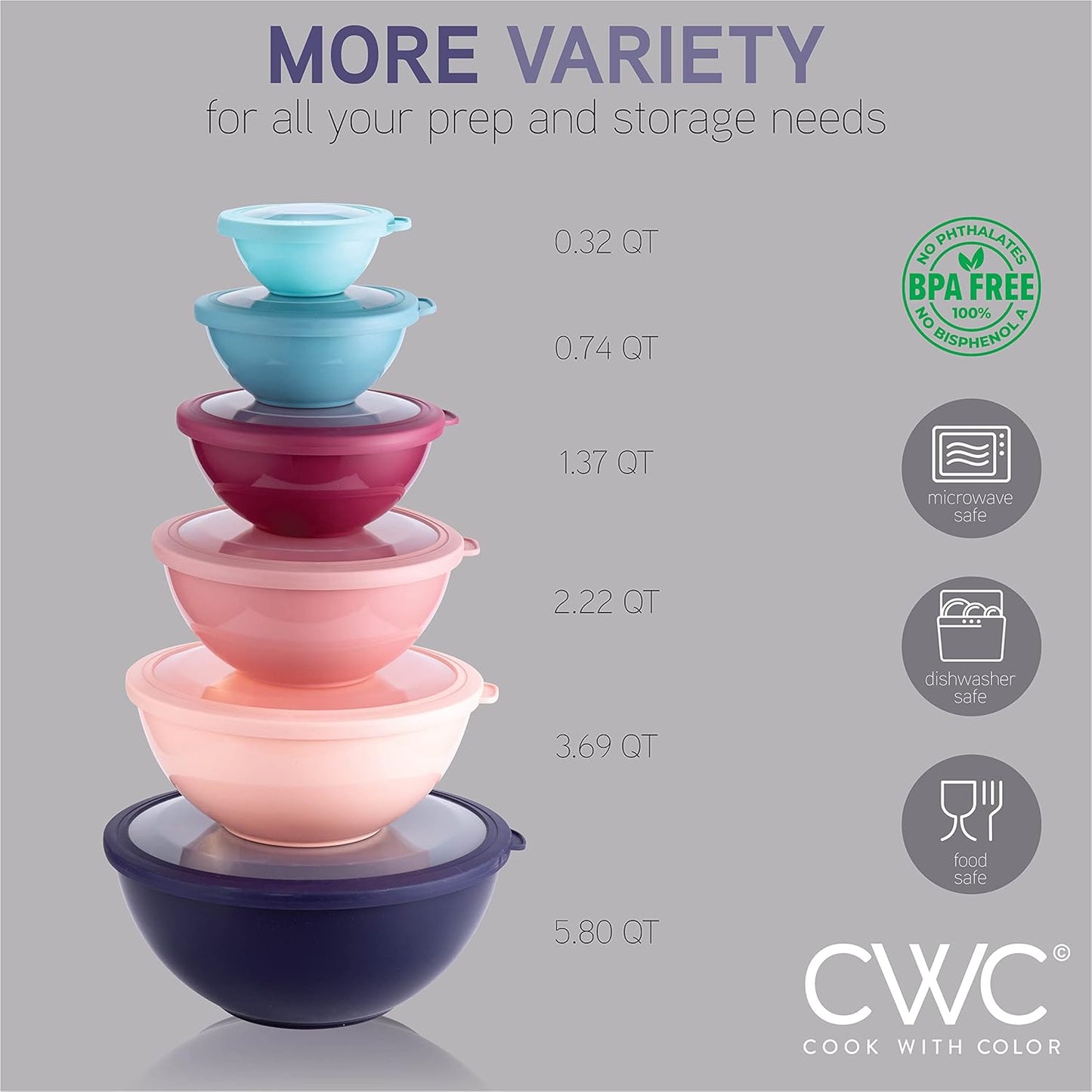 COOK WITH COLOR Mixing Bowls with TPR Lids - 12 Piece Plastic Nesting Bowls Set includes 6 Prep Bowls and 6 Lids, Microwave Safe Mixing Bowl Set (Multicolored Set with Large Blue Bowl)