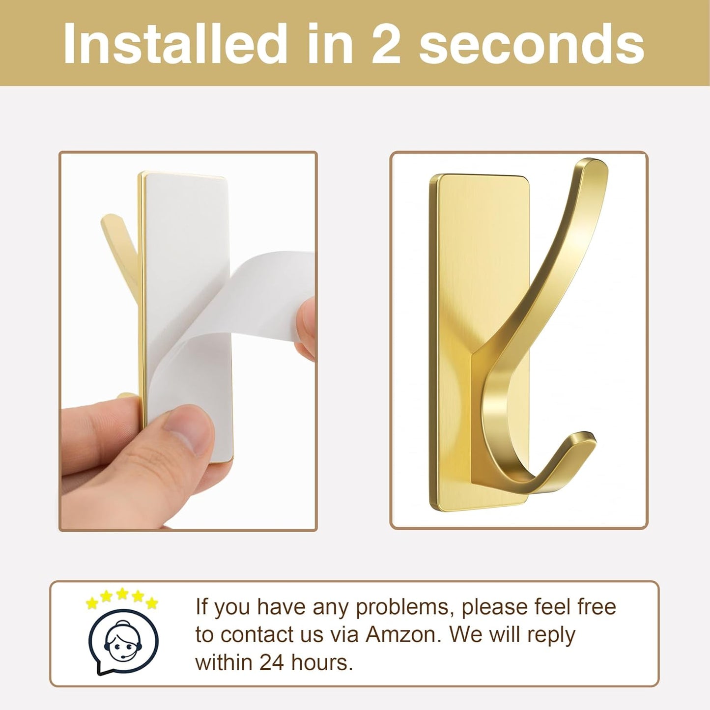 Self Adhesive Coat Hooks for Hanging, Heavy Duty Stainless Double Wall Hook for Towel, Backpack, Hat, Sturdy Metal Hanger for Bathroom, Bedroom, Door, Wall Mounted, 4-Pack, Brushed Gold