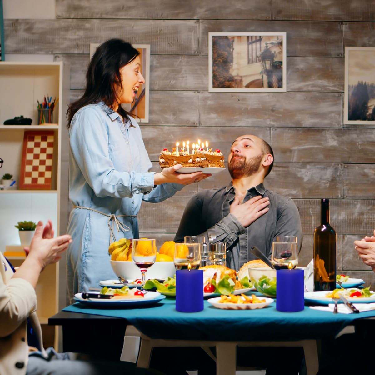 6 Packs 2.75x3.25 Inch Blue Colored Pillar Candles, Unscented Dripless Non-Toxic Smokeless Clean Long Lasting Burning Cylinder Candles for Home Dinner Table Decoration Emergency Power Outage