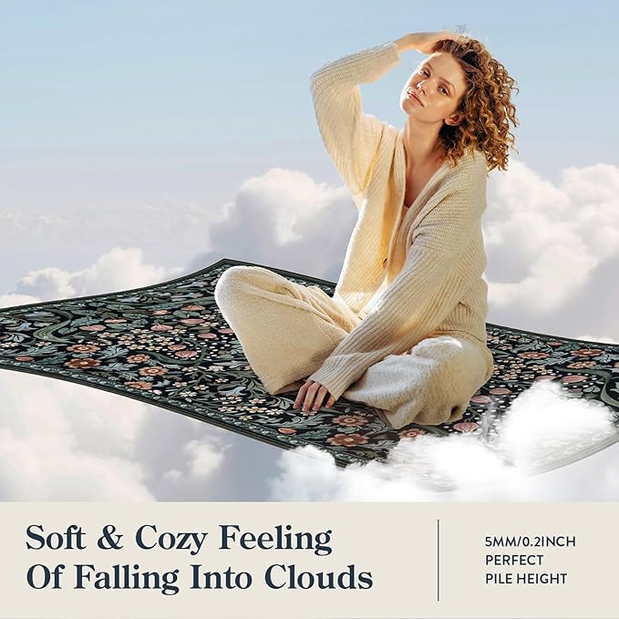 Lahome Floral 9x12 Black Rug for Living Room, Boho Thin Stain Resistant Dining Room Rugs for Under Table, Soft Carpet with Rubber Backing for Guestroom