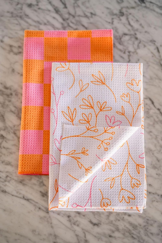 2 Pack Double Sided Kitchen Towels || Dish Towels || Quick Dry || Designer Prints || Highly Absorbent || Hanging Hook (Pink)