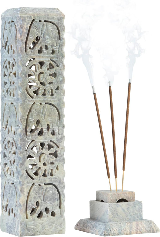 Crocon Handmade Incense Stick Holder Soapstone Incense Tower Burner | Candle Stand Tea Light Holder |Office Decor Room Fragrance Decorative Kitchen Home Spa Great Gift Set - 11X3X3 Inch