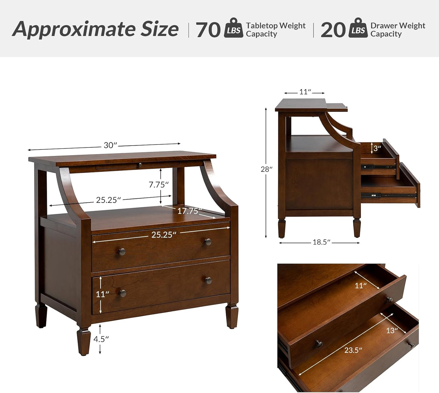 HULALA HOME Wood Nightstands Set of 2 with Charging Station, 2-Drawer Dresser with Wooden Legs, Mid-Century Modern Bedside Furniture, French-Style End Table for Bedroom, Walnut