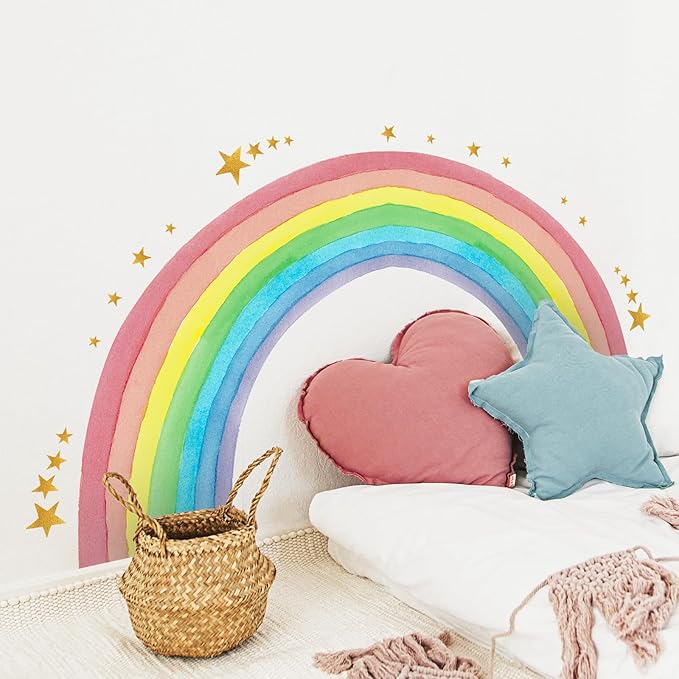 Supzone Large Rainbow Wall Decals Water Color Rainbow Stars Wall Decal DIY Vinyl Mural Art for Girls Baby Nursery Bedroom Playroom Home Decoration