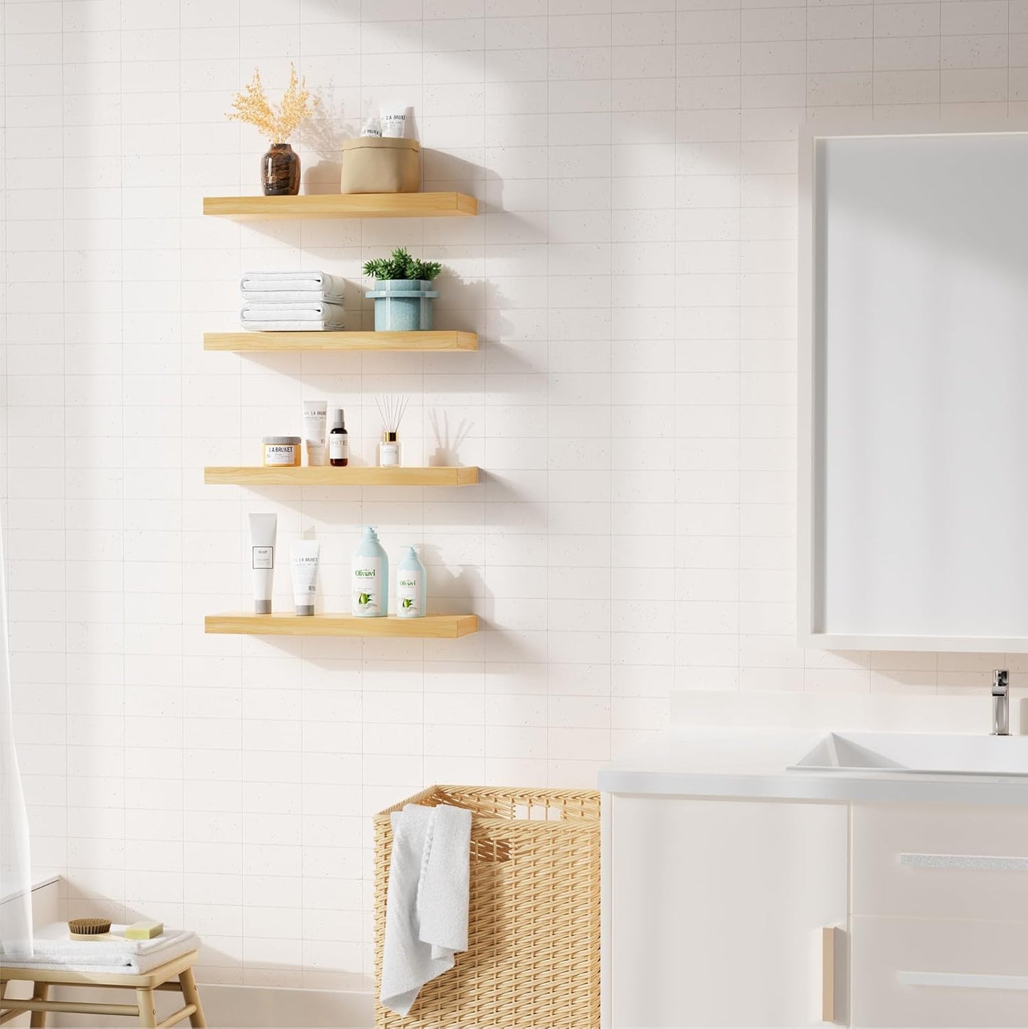 Bellsal Floating Shelves for Wall, Maple Wood Wall Shelf Set of 4, 16" Wall Mounted Floating Shelf for Kitchen, Living Room, Bedroom, Bathroom Storage, Book Shelfs for Home Decor Frame Display