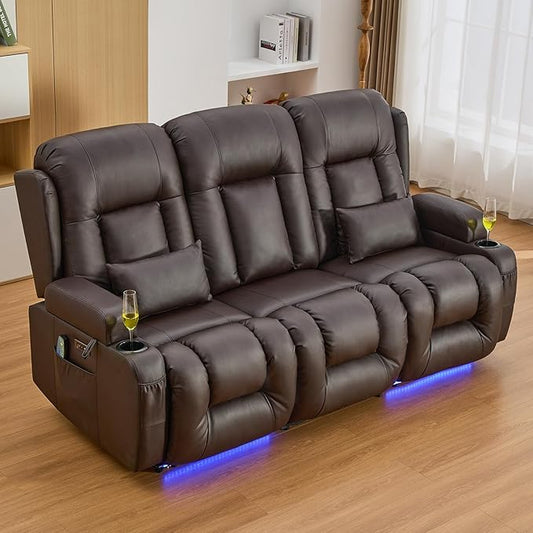 IPKIG 76" Power Reclining Sofa, Electric Home Theater Seating with Flipped Middle Backrest/LED Lighting/USB Ports/Built-in Outlets, Dual Recliner Sofa 3 Seater for Living Room RV (Brown)
