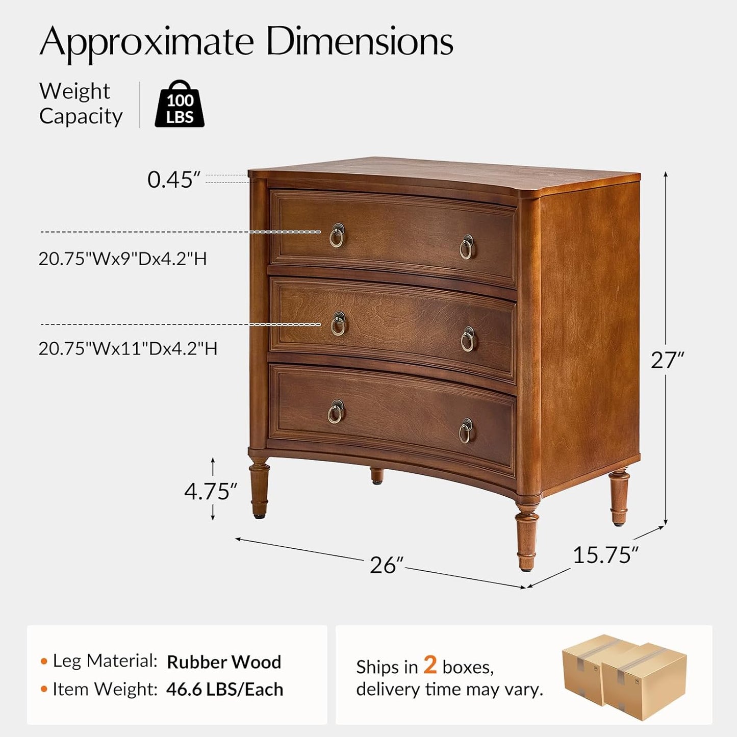 HULALA HOME 3 Drawer Nightstands Set of 2 with Charging Station, 26" Wide Nightstands with Solid Wood Legs and Curved Profile, Classic Bedside Tables for Living Room Bedroom, Walnut