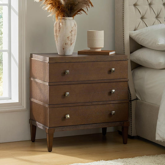 HULALA HOME 3-Drawer Nightstand with Charge Station, Farmhouse Nightstand with Solid Wood Legs(Walnut)