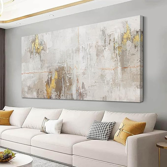 VAYIMDH Minimalist Wall Decor White with Gold Canvas Wall Art Grunge Posters Modern Abstract Paintings for Living Room Bedroom Dining Room 29"x 58"