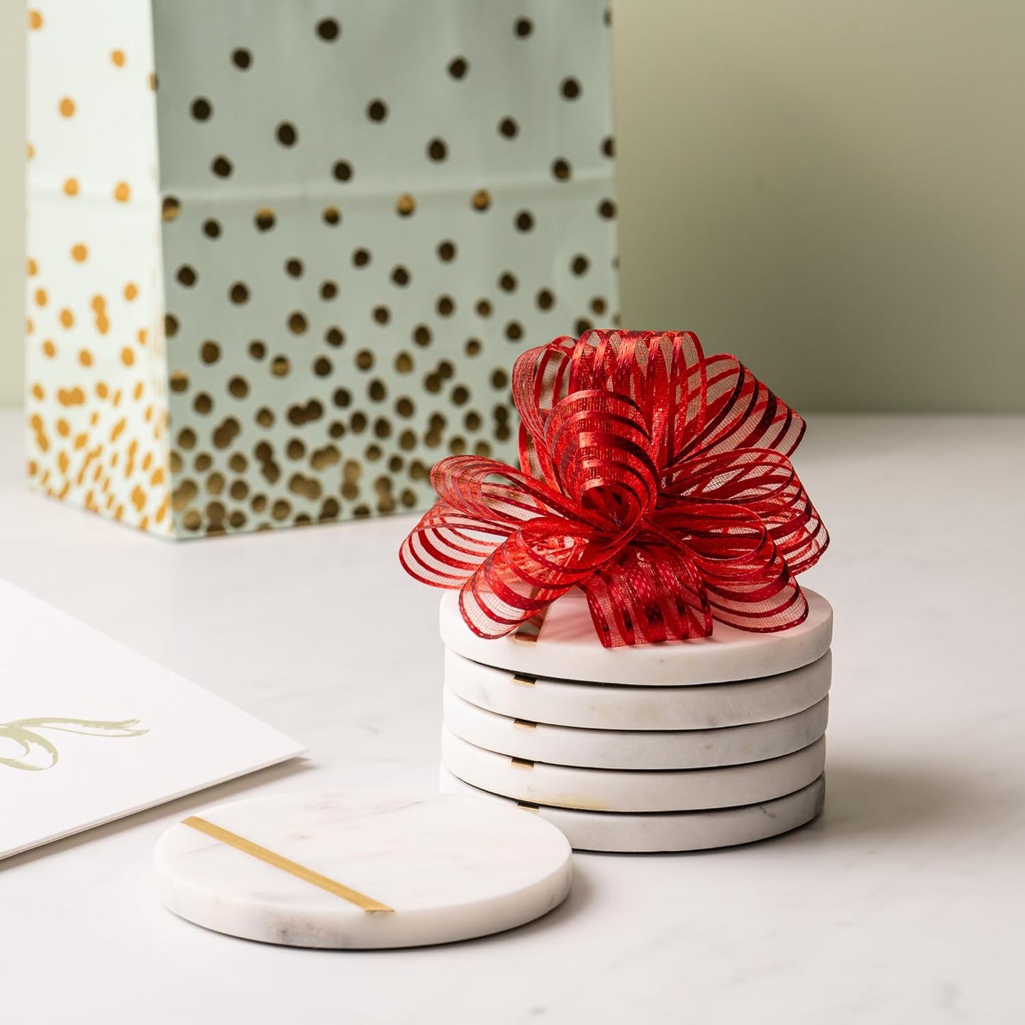 Cork & Mill Marble Coasters Set of 6 - Luxury Aesthetic Modern Decor for Coffee Table- White Marble with Gold Brass Inlay - Real Natural Semi Absorbent Stone Coasters