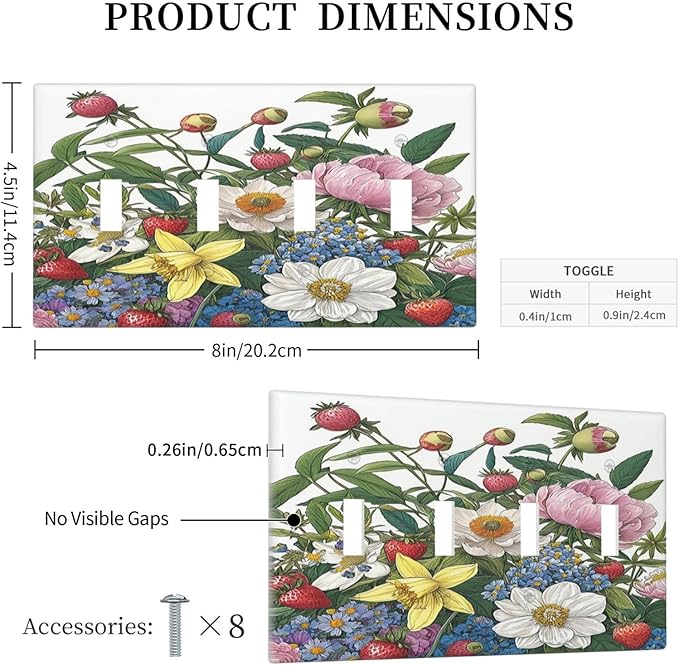 Spring Watercolor Flower Plant Strawberry Peony Floral Light Switch Covers Quad Toggle 4 Gang Wall Plate Decorative Switch Plates Electrical Faceplate for Bedroom living Room Decor