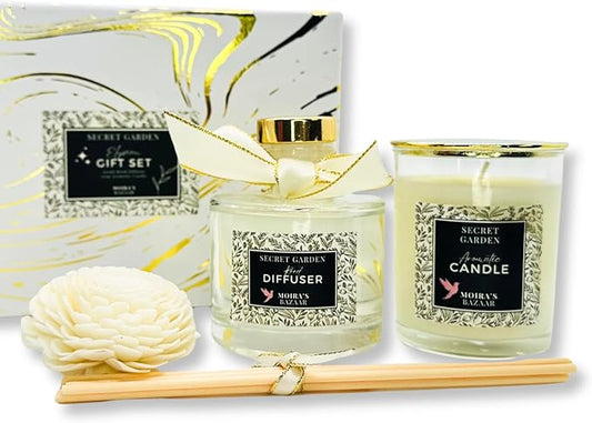Moira's Bazaar Elysian Essence Aromatherapy Gift Set – Luxury Candle and Flower Reed Diffuser – Perfect Scented Gift for Housewarming & Holidays – Elegant Home & Bath Décor (Secret Garden)