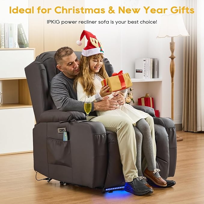 IPKIG Power Recliner Chair, Electric Home Theater Seating with 4 Colors Ambient Lighting/USB Ports/Cup Holders/Side Pockets for Living Room, Bedroom, Home, RVs (Brown, Single Chair)