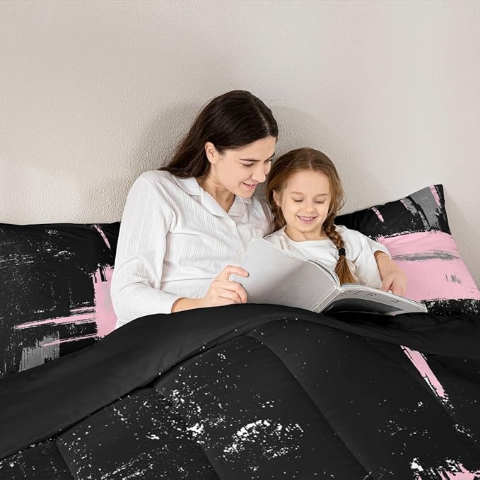 Pink Black Abstract Duvet Quilt King Size Geometric Bedding Set for Kids Boys Girls Decor Modern Art Comforter Set Breathable Soft Lightweight Microfiber Buffalo Check Bedroom Decor Bedclothes