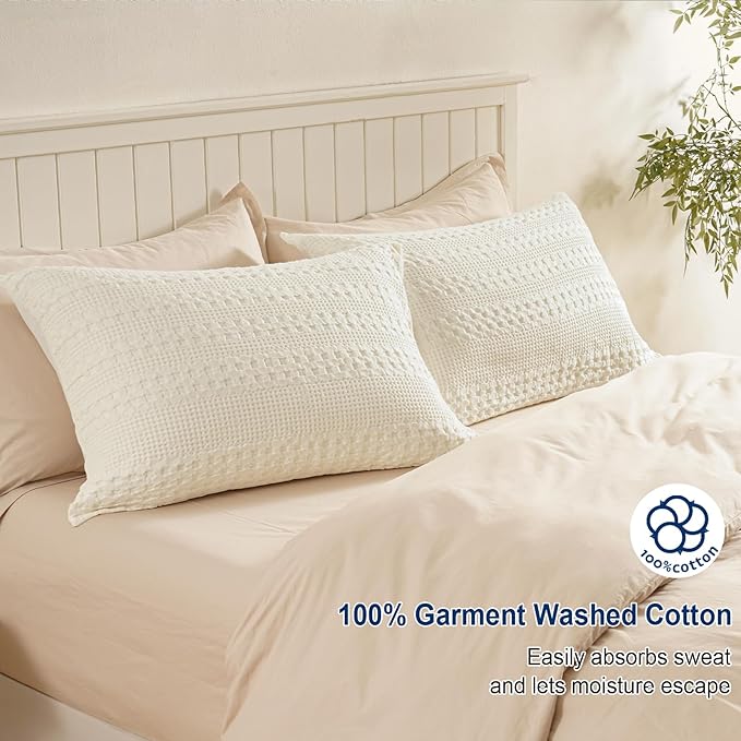 PHF 100% Cotton Waffle Pillow Shams Queen Size, 2 Pack 20" x 30" Soft Skin-Friendly Pillowcases, No Filling, Aesthetic Woven and Breathable Waffle Weave Pillow Case Covers for Bed, Ivory