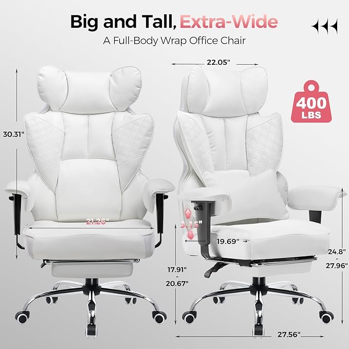 COMHOMA Big and Tall Office Chair 400LBS Wide Ergonomic Gaming Chair with Deluxe Embossing Designed Leather with Foot Rest,150°Reclining Adjustable Armrests Pocket Spring Back Support and Pillow