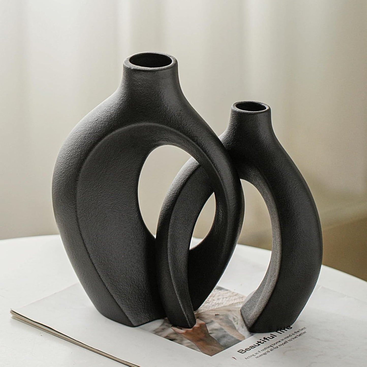 Snuggle Hollow Modern Ceramic Vase Set of 2, Mid Century Nordic Aesthetic Decorative Vase Decorative Vases for Home Table Decor (Matte Black W 6.3" X H 8.4")