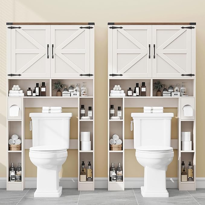 Over The Toilet Storage Cabinet, Farmhouse Storage Cabinet Over Toilet with 2 Barn Doors ，Toilet Paper Holder Stand，Home Space-Saving Toilet Rack, for Laundry, Restroom, Bathroom