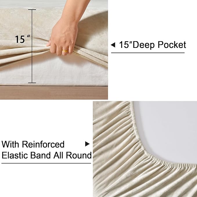 PHF Truly Velvet Fitted Sheet Only Twin Size, Luxury Super Soft Cozy Fuzzy Fleece Bottom Sheet, Deep Pocket Up to 16",Strenghth Elastic Band, Suitable for Fall Winter Spring, No Pillowcases, Sand