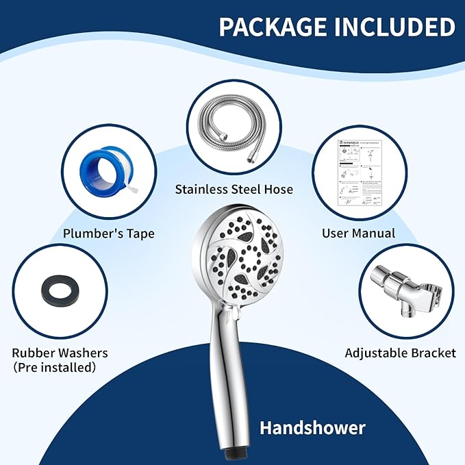 Hand Held Shower Head, High Pressure 6 Spray Mode Handheld Showerhead, Chrome Shower Head with 59 Inch Stainless Steel Hose and Adjustable Bracket