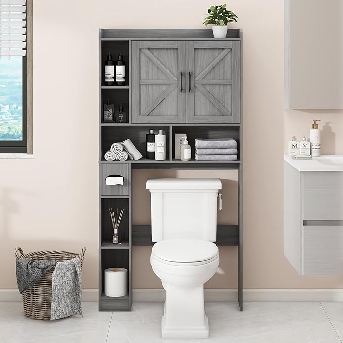 Vabches Over The Toilet Storage Cabinet, Farmhouse Style with 2 Barn Doors, Toilet Paper Holder, Space-Saving for Bathroom & Laundry, Gray