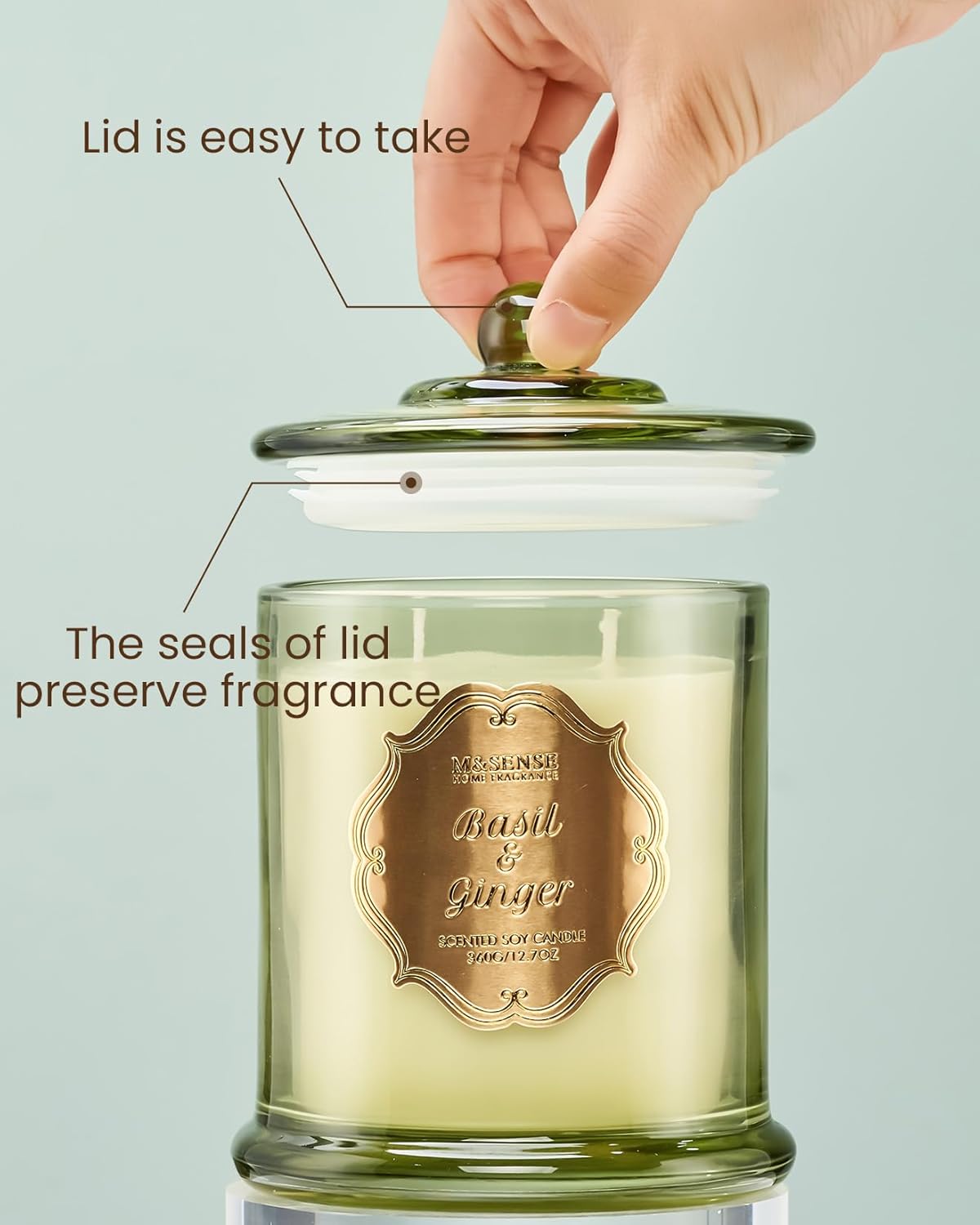 M&SENSE Basil Ginger Scented Candles, Plant-Based Soy Candles Non Toxic Soot-Free, Relaxing Air Purifying Stress Relief on Bathtub, 2 Wick 12.7oz Large Jar Candle 75 Hour Long Lasting, Father Gifts