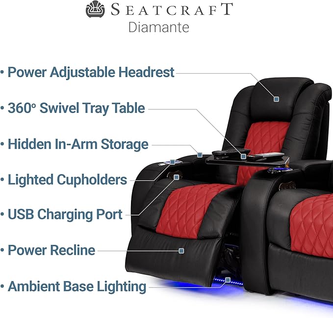 Seatcraft Diamante - Home Theater Seating - Living Room - Power Recline - Italian Leather - Powered Headrests - Cupholders - USB Charging - Ambient Lighting - Arm Storage, Black/Red, Row of 3