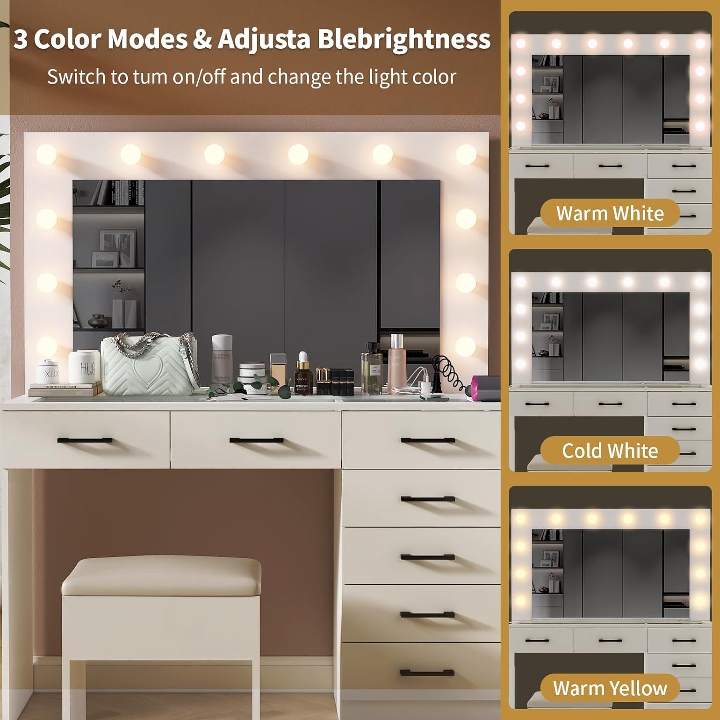 Karl home Vanity Desk with Large Lighted Mirror & Powre Outlet, Glass Tabletop Makeup Vanity Set with 7 Drawers, 45.3" Vanity Table with 3 Color Lighting Modes, Dressing Table for Women Girls, White