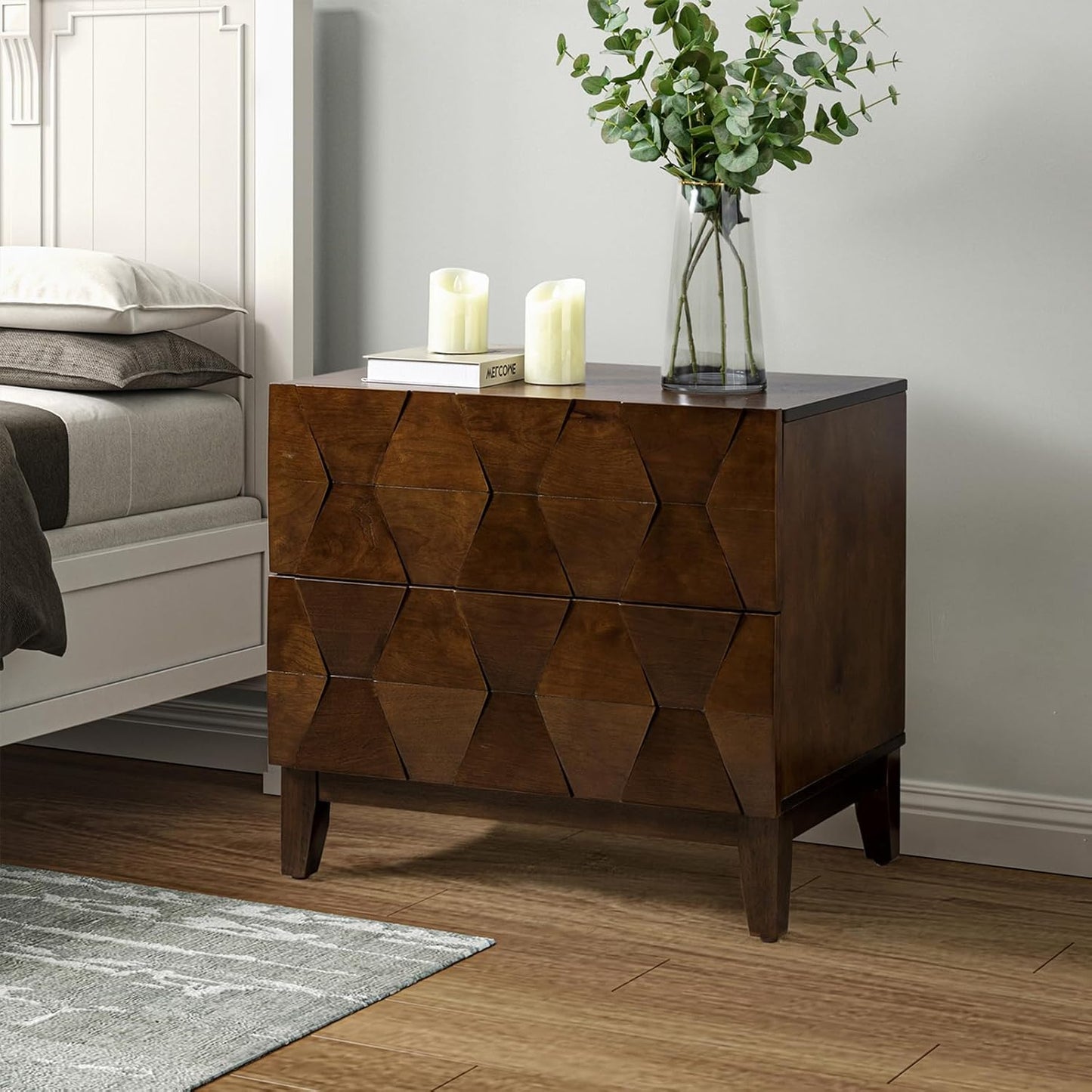 HULALA HOME Wood Nightstand with Charging Station 2 Drawer Dresser with Wooden Legs Mid Century Modern Bedside French Style End Table for Bedroom, Walnut