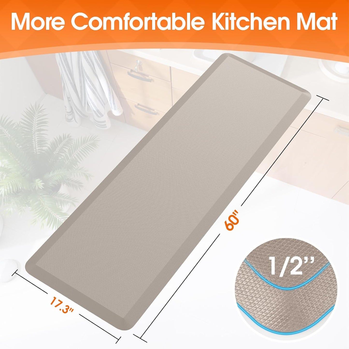 Kitchen Mat, Cushioned Thick Floor Comfort Mat, with Non-Slip Bottom, Waterproof & Stain Resistant & Easy Clean, Standing Desk Mat for Kitchen, Sink, Office (17.3''x60'', Khaki)