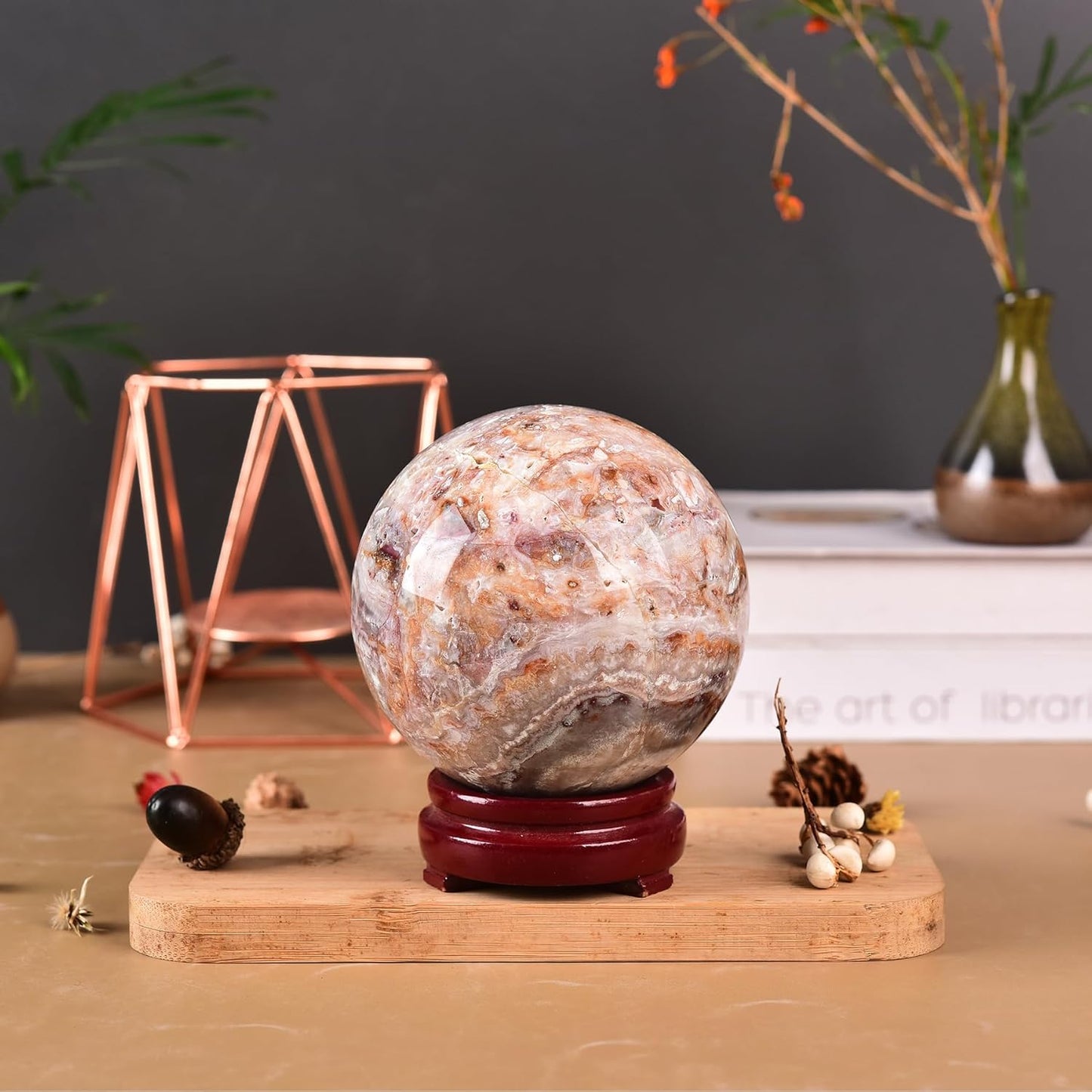 JIC Gem Natural Striped Agate Crystal Sphere with Wooden Stand Decorative Crystal Ball Healing Gemstone Sphere for Meditation Feng Shui Witch-Style Decor70-80mm