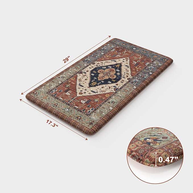 KIMODE Anti Fatigue Kitchen Mats for Floor,17.3" x 29" Vintage Red Cushioned Kitchen Rugs,Non-Slip Waterproof Kitchen Sink Standing Mat Wipe Clean for Kitchen Floor