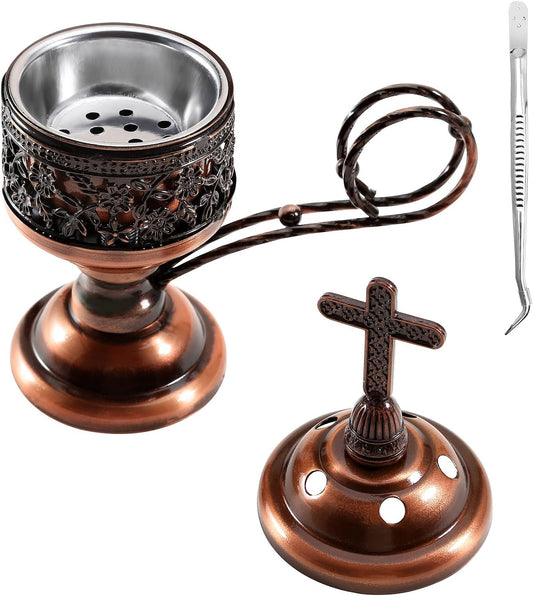 Yawlsow Incense Burner, Frankincense Charcoal Incense Stand, Bakhoor Incense Burner Holder, Ideal for Aromatherapy, Yoga and Spa, Home and Christian Church Censer, (Red Copper)